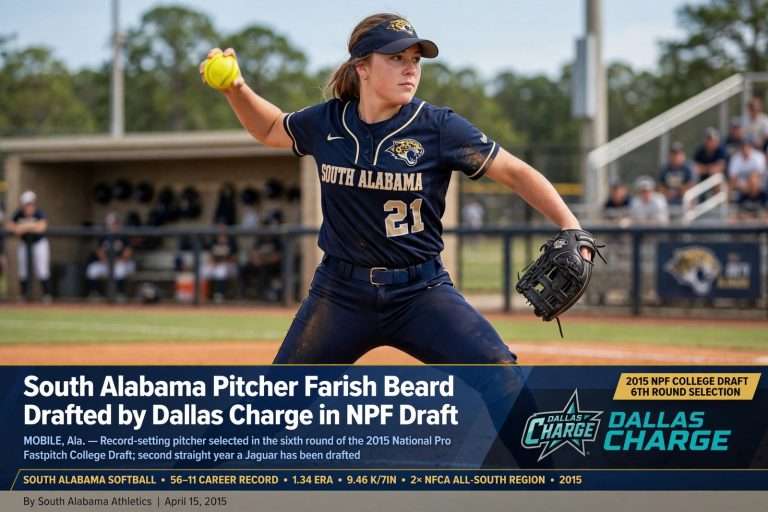 Illustration for the news story: South Alabama Pitcher Farish Beard Drafted by Dallas Charge in NPF Draft