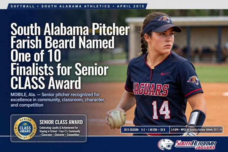 Illustration for the news story: South Alabama Pitcher Farish Beard Named One of 10 Finalists for Senior CLASS Award