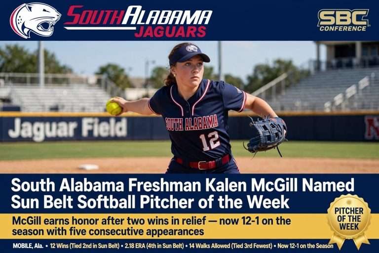 Illustration for the news story: South Alabama Freshman Kalen McGill Named Sun Belt Softball Pitcher of the Week