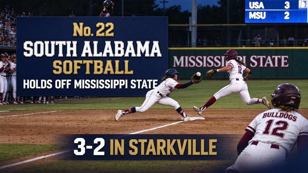 Illustration for the news story: No. 22 South Alabama Softball Holds Off Mississippi State 3-2 in Starkville