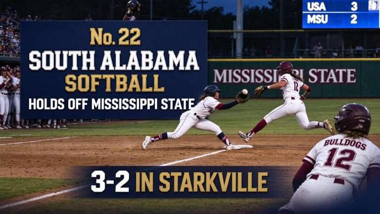 Illustration for the news story: No. 22 South Alabama Softball Holds Off Mississippi State 3-2 in Starkville