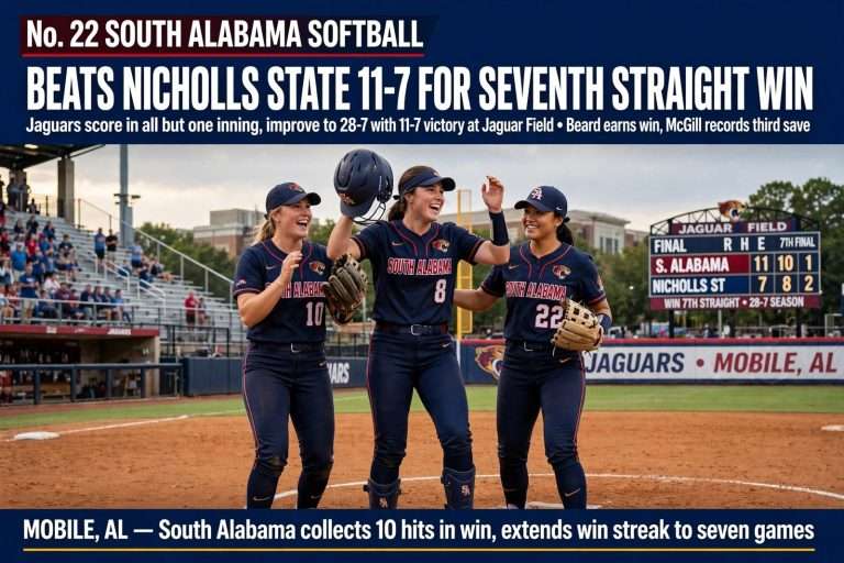 Illustration for the news story: No. 22 South Alabama Softball Beats Nicholls State 11-7 for Seventh Straight Win