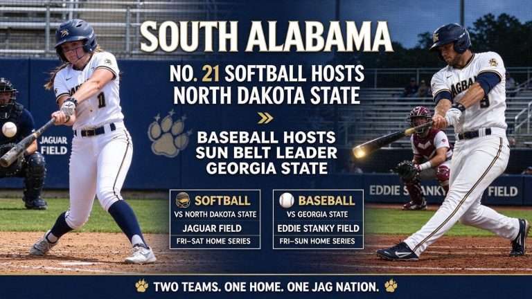 Illustration for the news story: No. 21 South Alabama Softball Hosts North Dakota State; Baseball Hosts Sun Belt Leader Georgia State