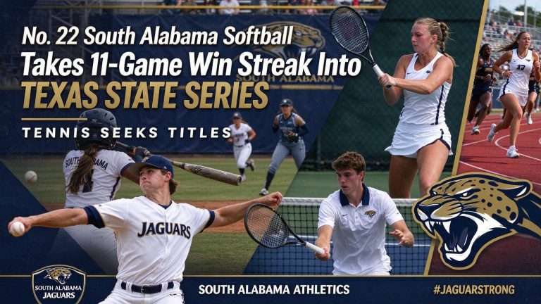 Illustration for the news story: No. 22 South Alabama Softball Takes 11-Game Win Streak Into Texas State Series; Tennis Seeks Titles