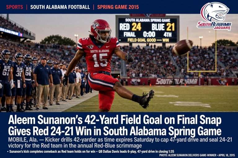 Illustration for the news story: Aleem Sunanon’s 42-Yard Field Goal on Final Snap Gives Red 24-21 Win in South Alabama Spring Game