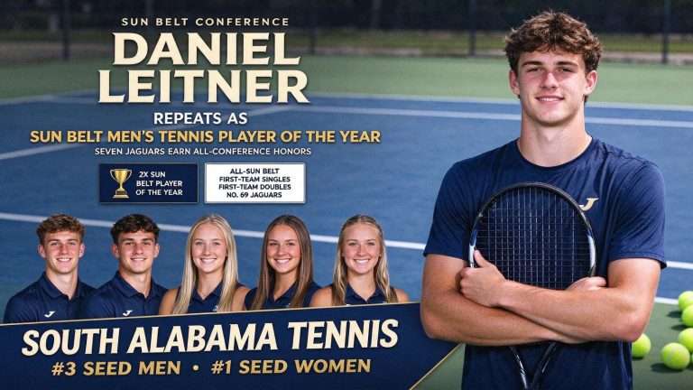 Illustration for the news story: Daniel Leitner Repeats as Sun Belt Men’s Tennis Player of the Year; Seven Jaguars Earn All-Conference Honors