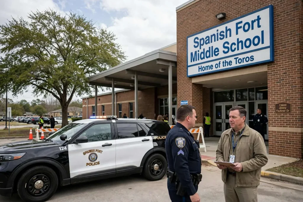 Illustration for the news story: Bathroom Graffiti Sparks Rumor Storm, Extra Police Presence at Spanish Fort Middle