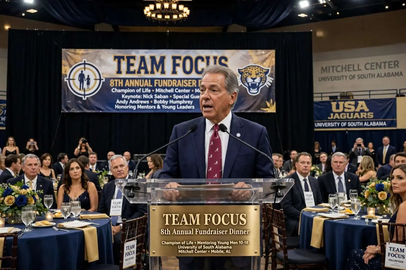 Illustration for the news story: Team Focus Fundraiser Brings Nick Saban to University of South Alabama