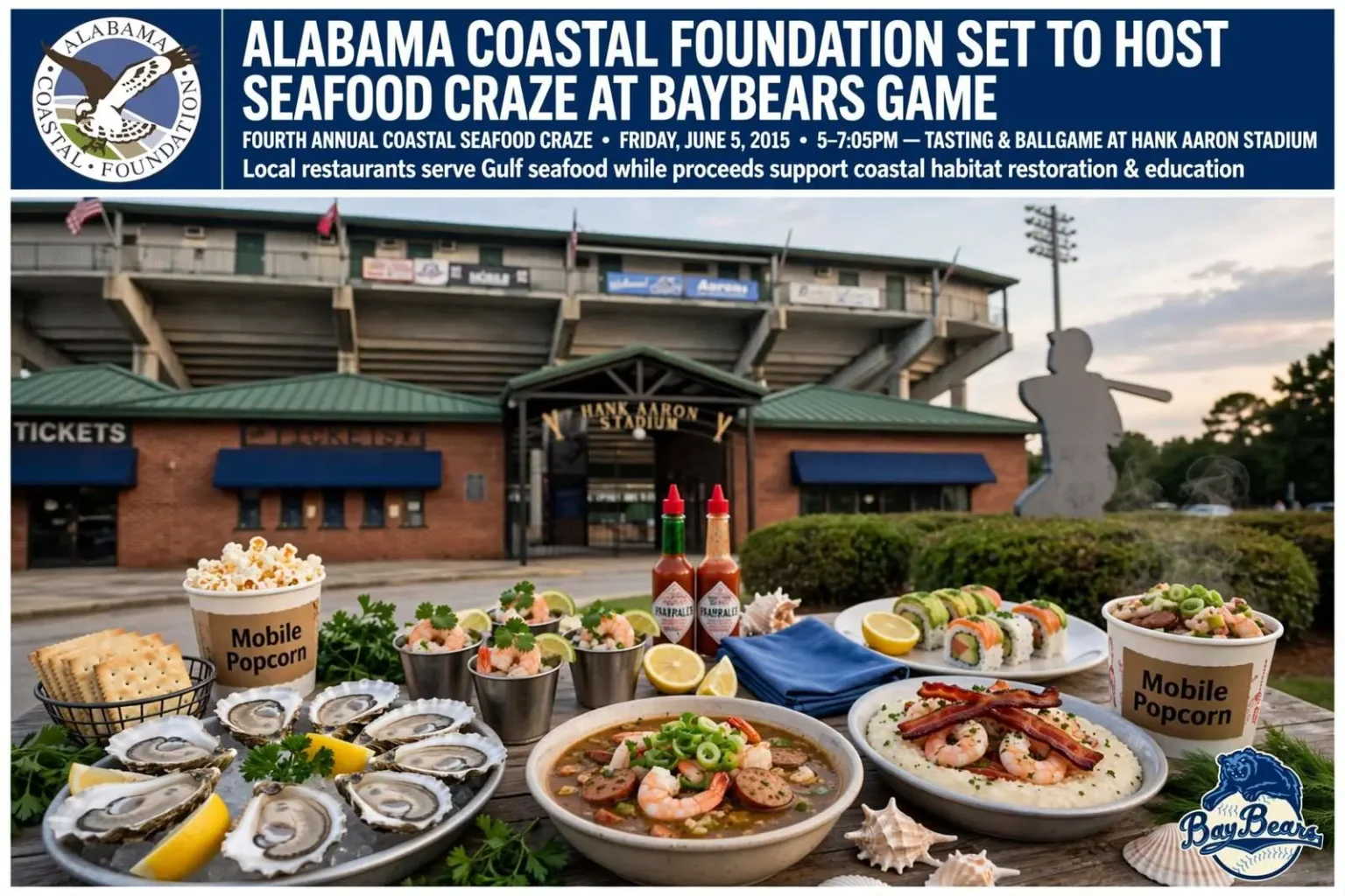 Illustration for the news story: Alabama Coastal Foundation Set to Host Seafood Craze at BayBears Game