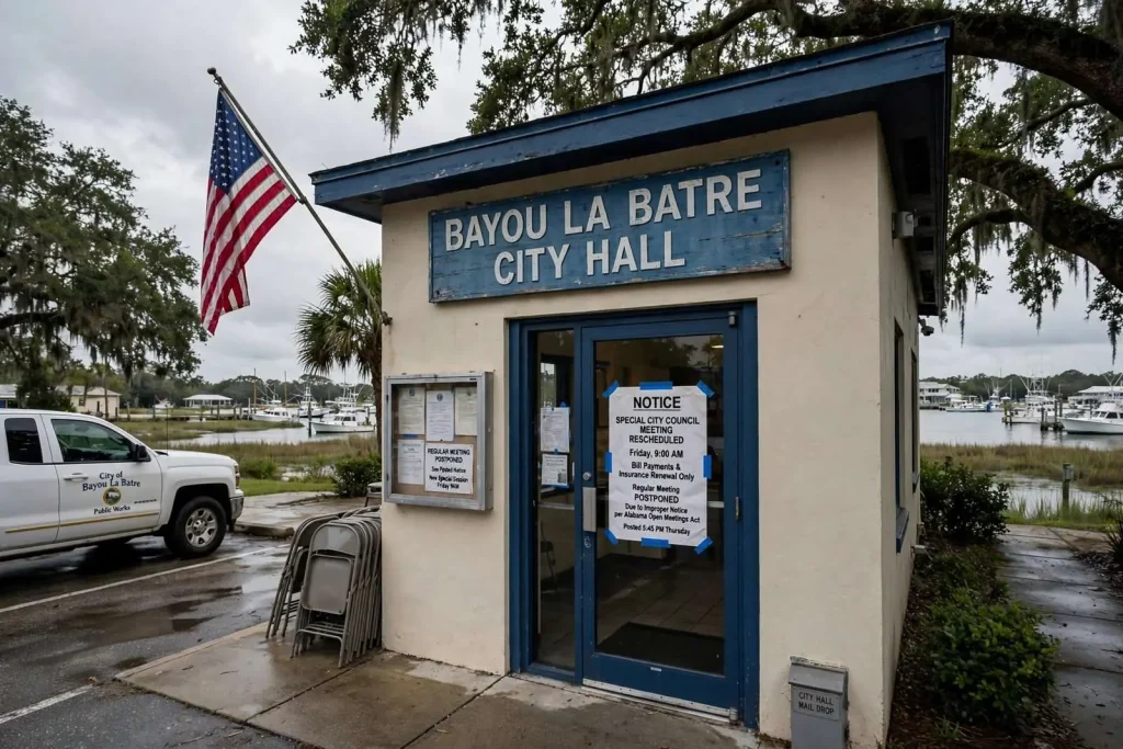 Illustration for the news story: Notice Dispute Forces Bayou La Batre Council to Reschedule Meeting