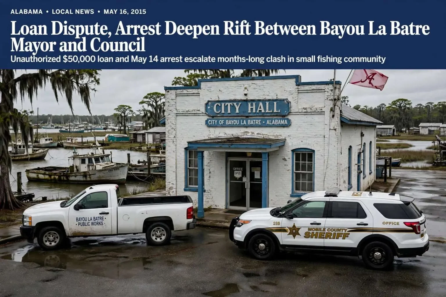 Illustration for the news story: Loan Dispute, Arrest Deepen Rift Between Bayou La Batre Mayor and Council