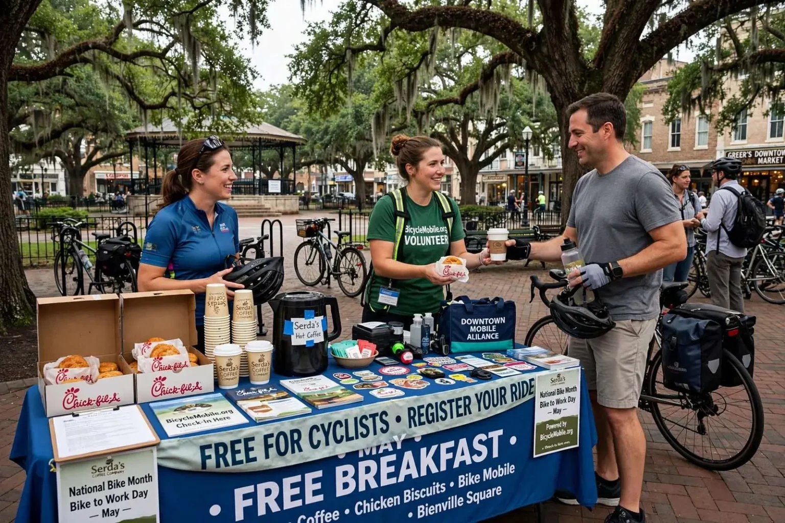 Illustration for the news story: Free Breakfast Awaits Downtown Mobile Cyclists for Bike to Work Day
