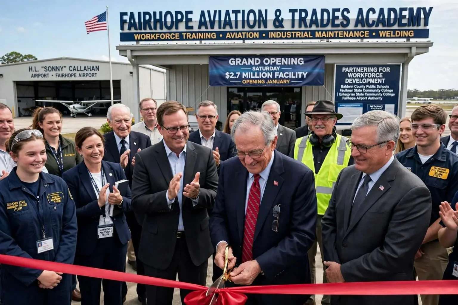 Illustration for the news story: Bentley Joins Ribbon-Cutting for Fairhope Aviation and Trades Academy