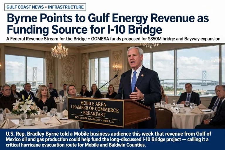 Illustration for the news story: Byrne Points to Gulf Energy Revenue as Funding Source for I-10 Bridge