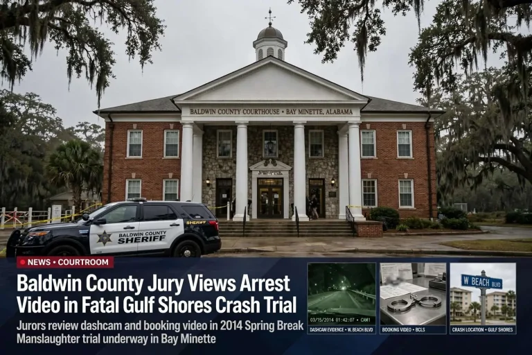 Illustration for the news story: Baldwin County Jury Views Arrest Video in Fatal Gulf Shores Crash Trial