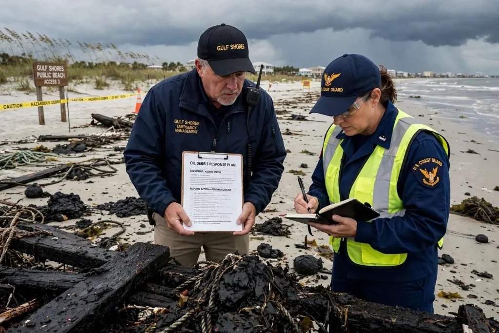 Illustration for the news story: Gulf Shores Officials Press FEMA on Storm-Driven Oil Debris Plan