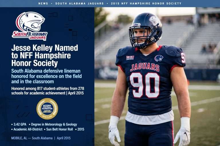 Illustration for the news story: South Alabama Defensive Lineman Jesse Kelley Named To NFF Hampshire Honor Society