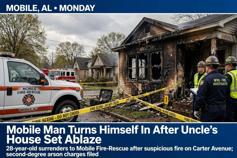 Illustration for the news story: Mobile Man Turns Himself In After Uncle’s House Set Ablaze