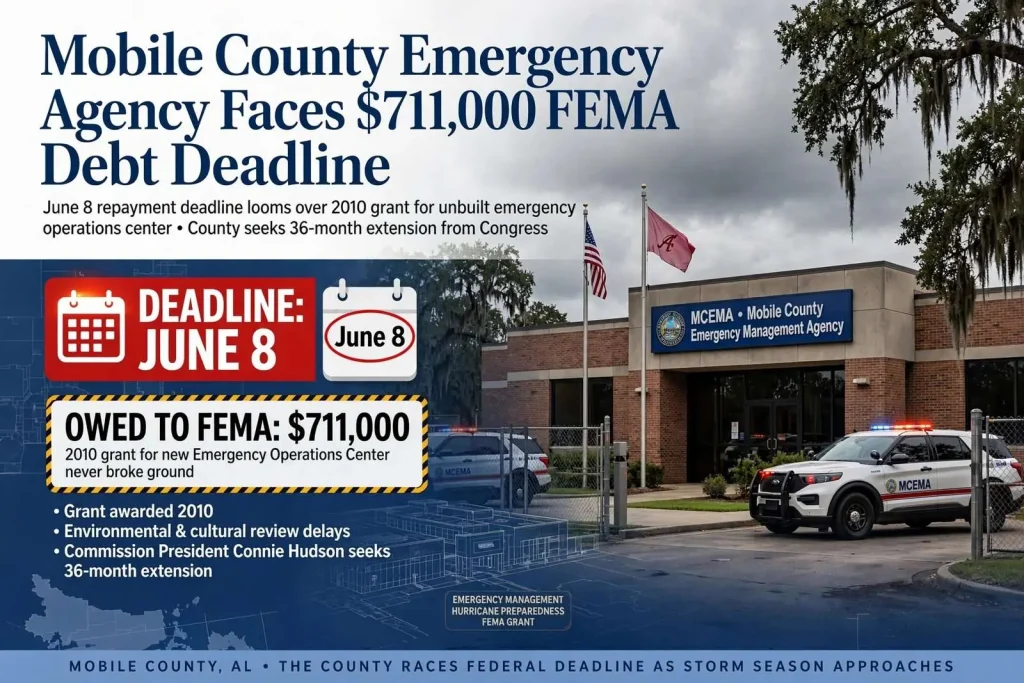 Illustration for the news story: Mobile County Emergency Agency Faces $711,000 FEMA Debt Deadline