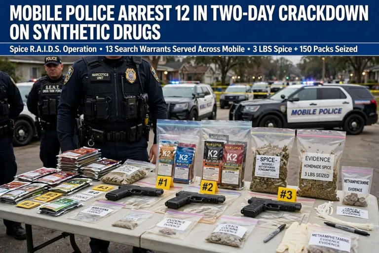 Illustration for the news story: Mobile Police Arrest 12 in Two-Day Crackdown on Synthetic Drugs