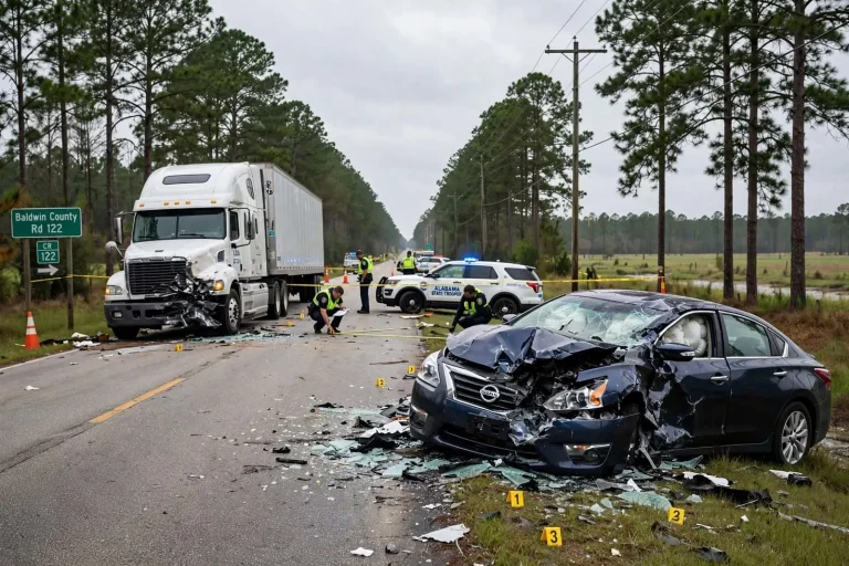 Illustration for the news story: Robertsdale Woman Dies in Head-On Crash With Semi-Truck in Baldwin County
