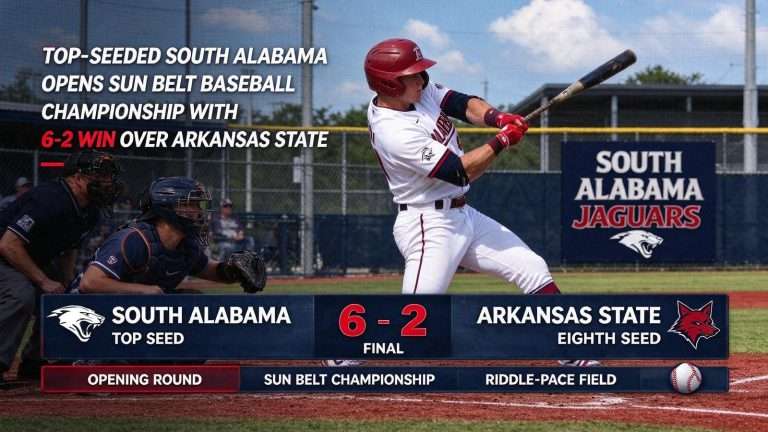 Illustration for the news story: Top-Seeded South Alabama Opens Sun Belt Baseball Championship With 6-2 Win Over Arkansas State