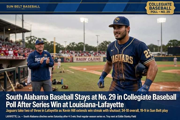 Illustration for the news story: South Alabama Baseball Stays at No. 29 in Collegiate Baseball Poll After Series Win at Louisiana-Lafayette