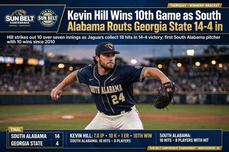 Illustration for the news story: Kevin Hill Wins 10th Game as South Alabama Routs Georgia State 14-4 in Sun Belt Tournament