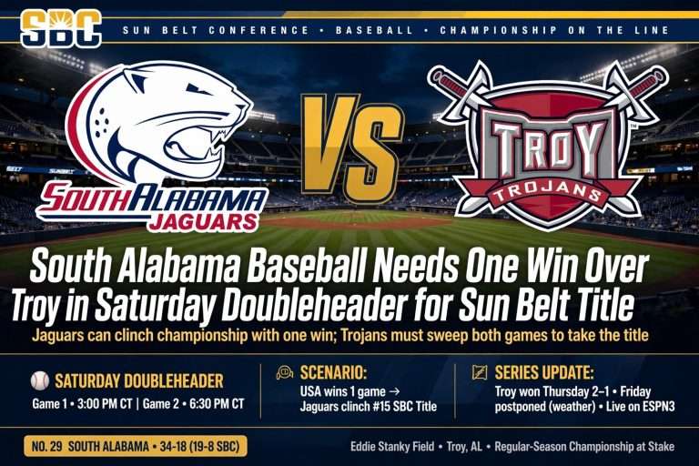 Illustration for the news story: South Alabama Baseball Needs One Win Over Troy in Saturday Doubleheader for Sun Belt Title