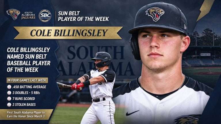 Illustration for the news story: South Alabama’s Cole Billingsley Named Sun Belt Baseball Player of the Week