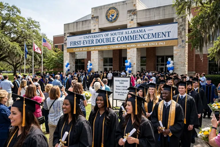 Illustration for the news story: University of South Alabama Holds First-Ever Double Commencement, Celebrates 2,020 Graduates