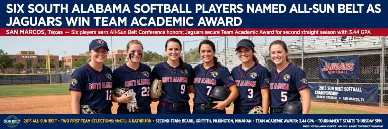 Illustration for the news story: Six South Alabama Softball Players Named All-Sun Belt as Jaguars Win Team Academic Award