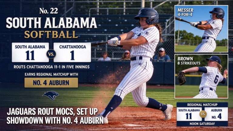 Illustration for the news story: No. 22 South Alabama Softball Routs Chattanooga 11-1, Earns Regional Matchup With No. 4 Auburn