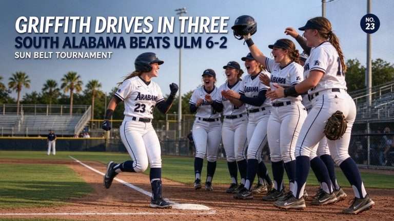Illustration for the news story: Griffith Drives In Three as No. 23 South Alabama Softball Beats ULM 6-2 at Sun Belt Tournament