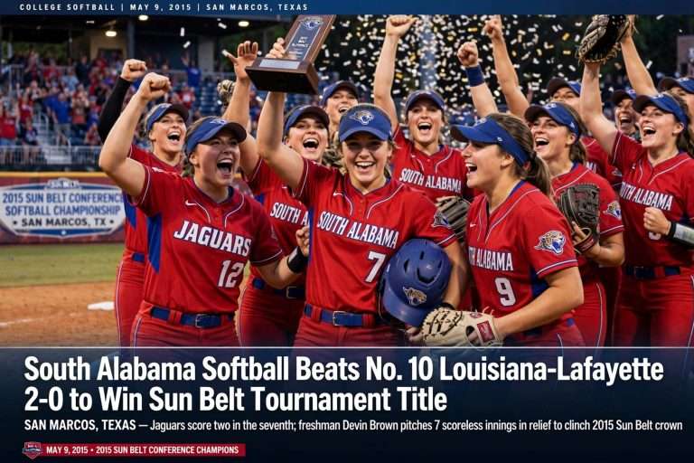 Illustration for the news story: South Alabama Softball Beats No. 10 Louisiana-Lafayette 2-0 to Win Sun Belt Tournament Title