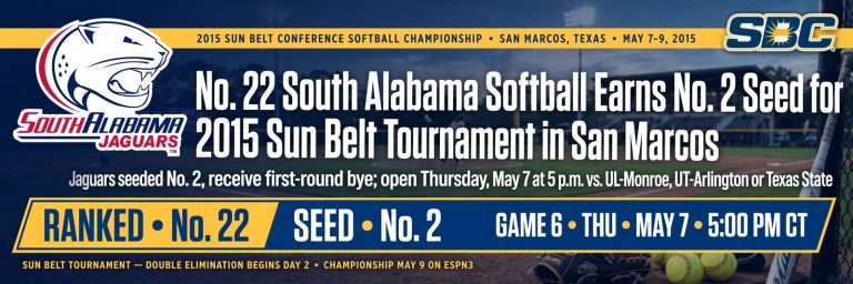 Illustration for the news story: No. 22 South Alabama Softball Earns No. 2 Seed for 2015 Sun Belt Tournament in San Marcos
