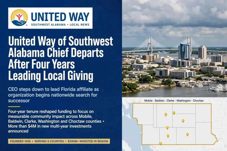 Illustration for the news story: United Way of Southwest Alabama Chief Departs After Four Years Leading Local Giving