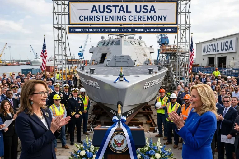 Illustration for the news story: Austal Christens Future USS Gabrielle Giffords in Mobile