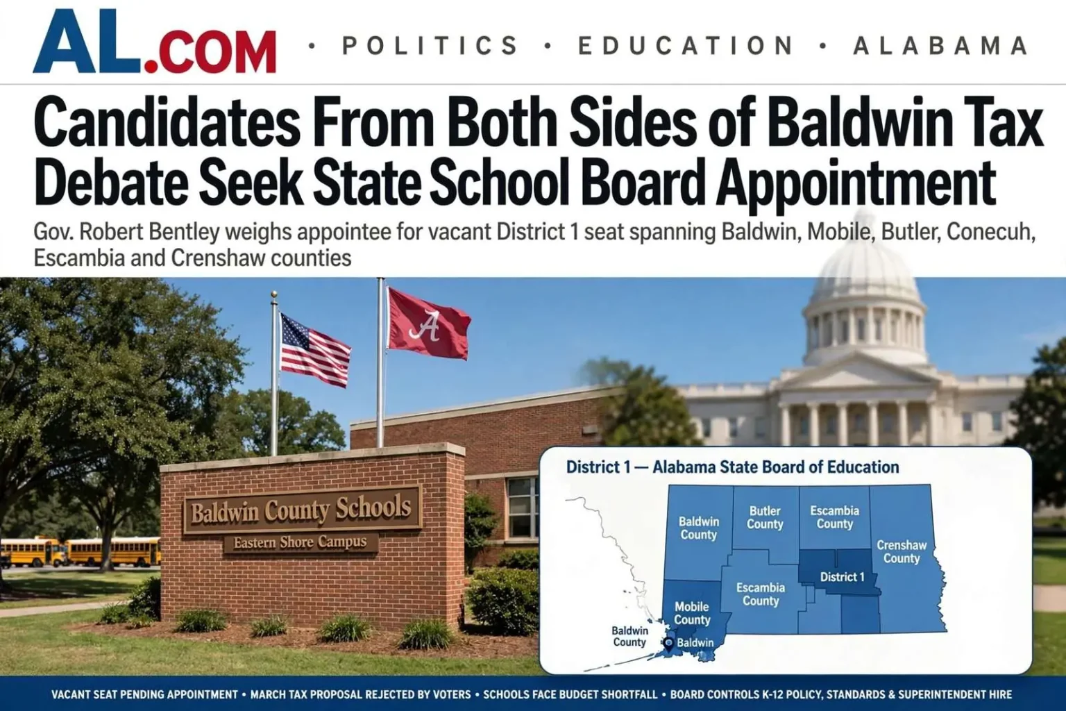 Illustration for the news story: Candidates From Both Sides of Baldwin Tax Debate Seek State School Board Appointment