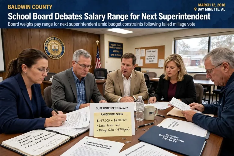 Illustration for the news story: Baldwin County School Board Debates Salary Range for Next Superintendent