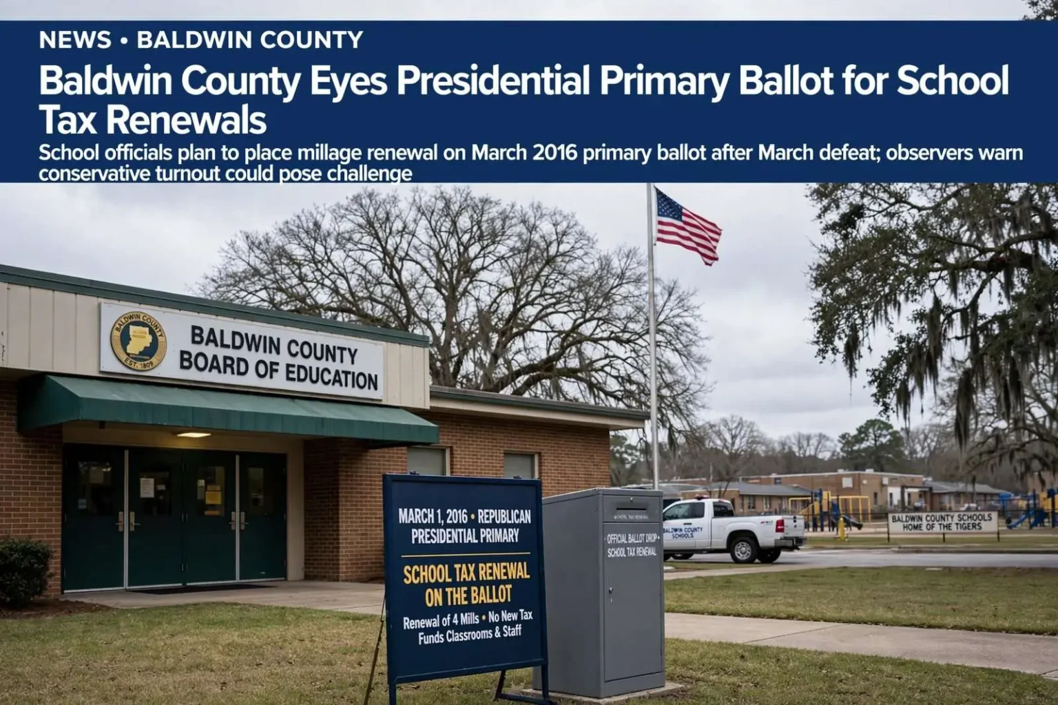 Illustration for the news story: Baldwin County Eyes Presidential Primary Ballot for School Tax Renewals