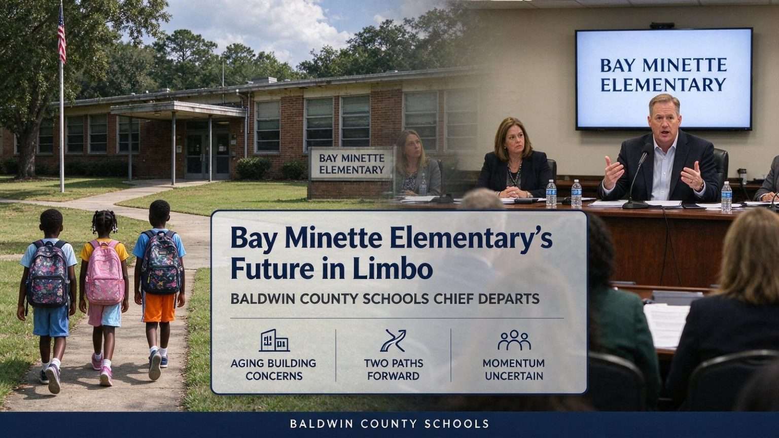 Illustration for the news story: Bay Minette Elementary’s Future in Limbo as Baldwin County Schools Chief Departs
