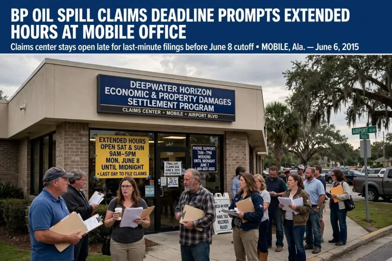 Illustration for the news story: BP Oil Spill Claims Deadline Prompts Extended Hours at Mobile Office