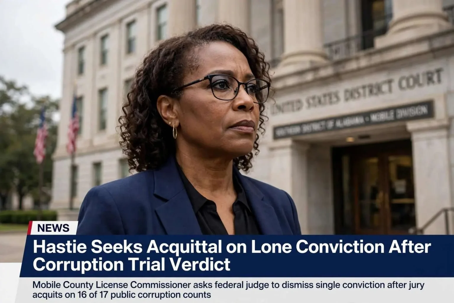 Illustration for the news story: Hastie Seeks Acquittal on Lone Conviction After Corruption Trial Verdict