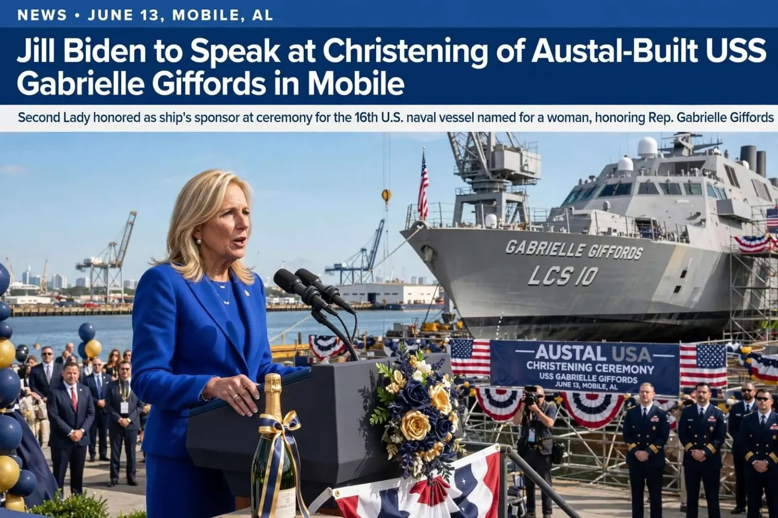 Illustration for the news story: Jill Biden to Speak at Christening of Austal-Built USS Gabrielle Giffords in Mobile