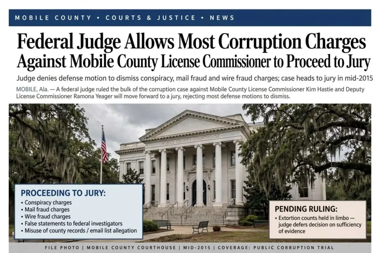 Illustration for the news story: Federal Judge Allows Most Corruption Charges Against Mobile County License Commissioner to Proceed to Jury