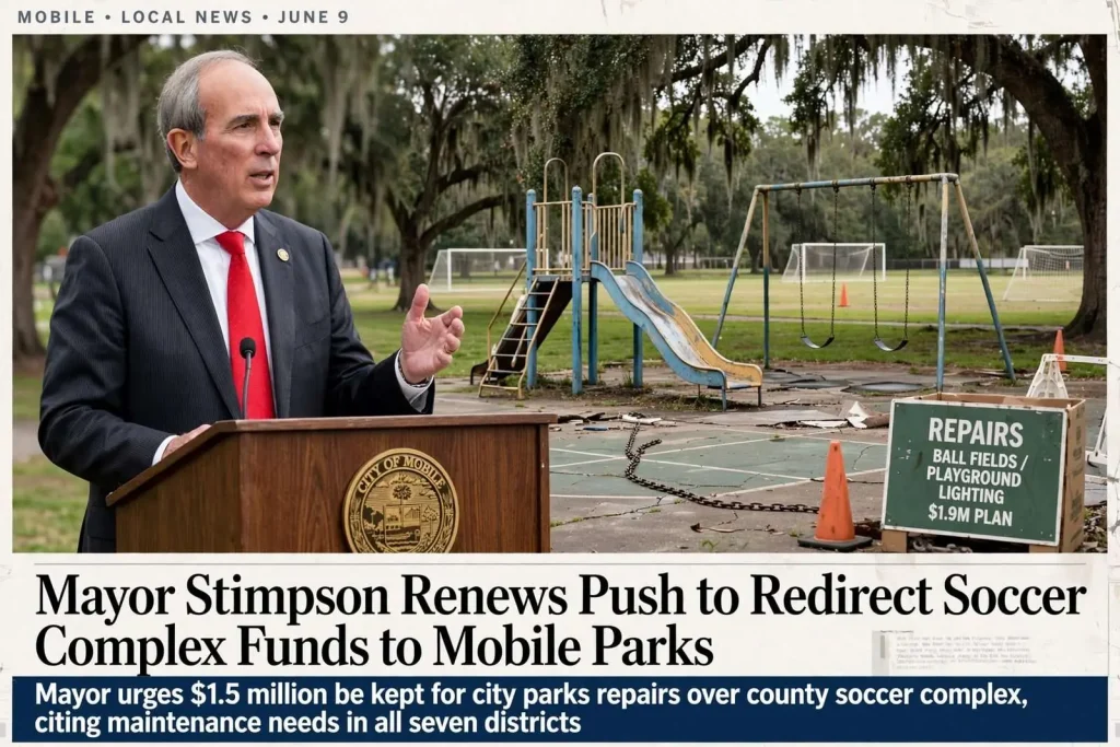 Illustration for the news story: Mayor Stimpson Renews Push to Redirect Soccer Complex Funds to Mobile Parks