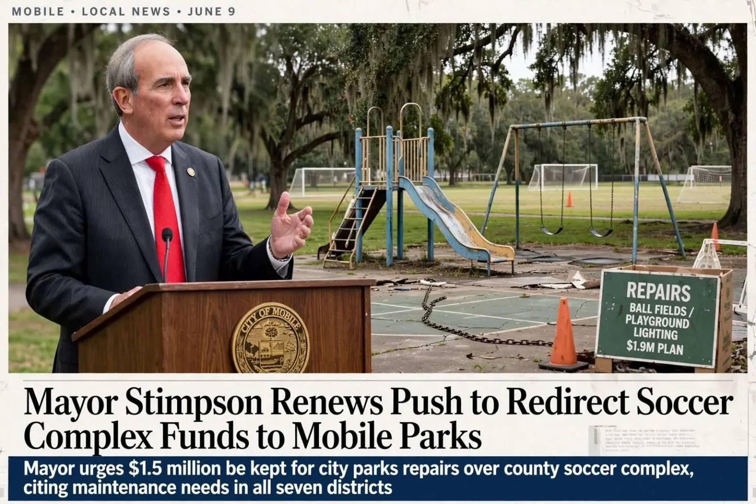Illustration for the news story: Mayor Stimpson Renews Push to Redirect Soccer Complex Funds to Mobile Parks
