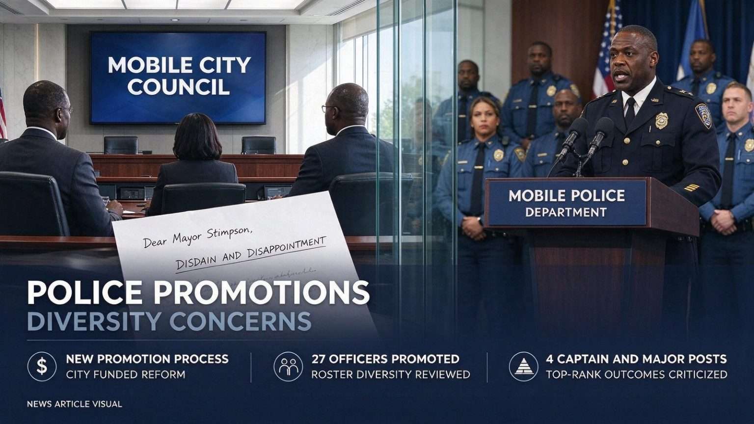 Illustration for the news story: Mobile Council Members Criticize Police Promotions Over Diversity Concerns