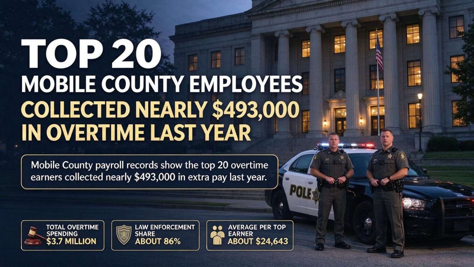 Illustration for the news story: Top 20 Mobile County Employees Collected Nearly $493,000 in Overtime Last Year